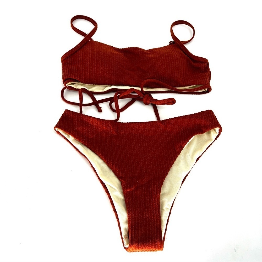 Shein Women's Solid Ribbed Knit Strappy Bralette High Leg Bikini Set - S
